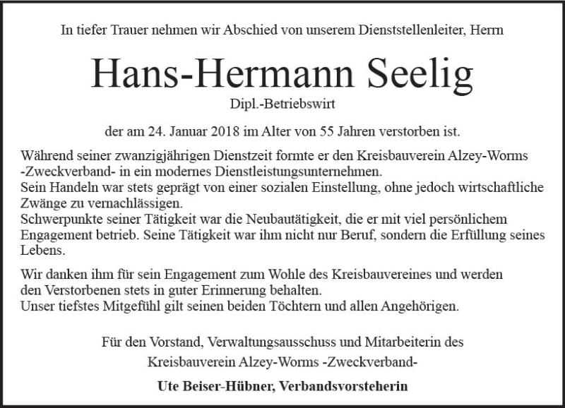  Traueranzeige für Hans-Hermann Seeiig vom 29.01.2018 aus Trauerportal Rhein Main Presse