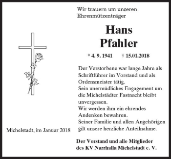 Traueranzeige von Hans Pfahler von Trauerportal Rhein Main Presse