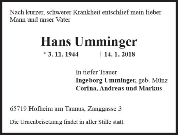 Traueranzeige von Hans Umminger von Trauerportal Rhein Main Presse