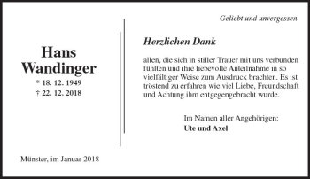 Traueranzeige von Hans Wandinger von Trauerportal Rhein Main Presse