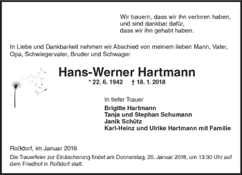 Traueranzeige von Hans-Werner Hartmann von Trauerportal Rhein Main Presse