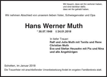 Traueranzeige von Hans-Werner Muth von  Kreisanzeiger