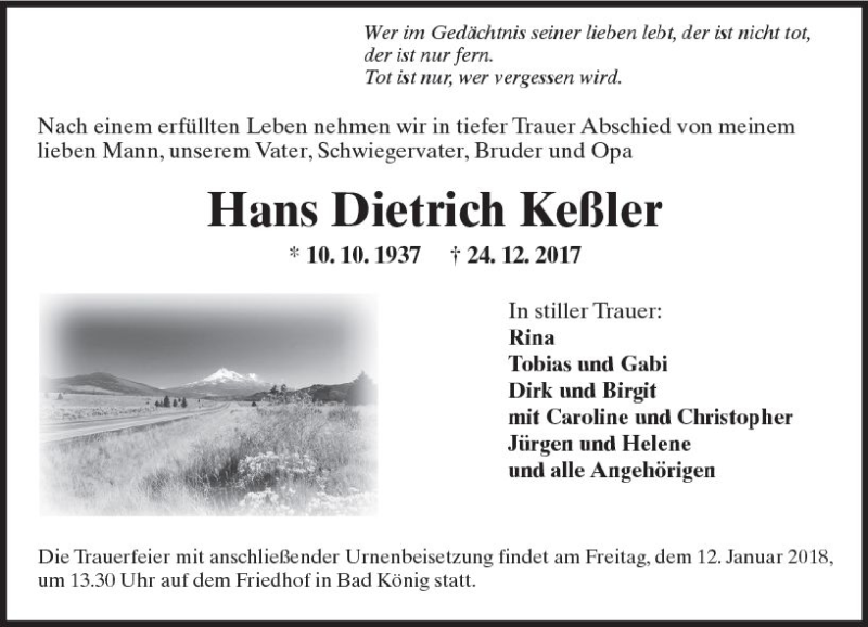  Traueranzeige für Hans Dietrich Keßler vom 09.01.2018 aus Trauerportal Rhein Main Presse