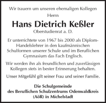 Traueranzeige von Hans Dietrich Keßler von Trauerportal Rhein Main Presse