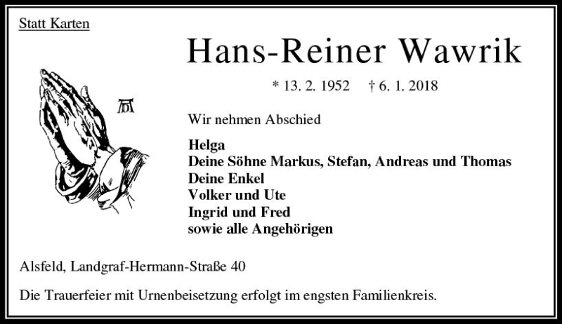  Traueranzeige für Hans Reiner Wawrik vom 11.01.2018 aus VRM Trauer