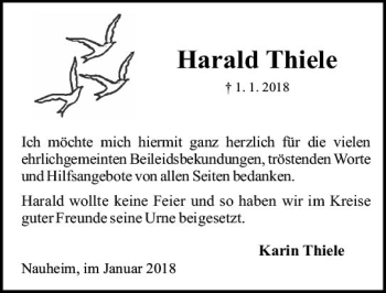 Traueranzeige von Harald Thiele von Trauerportal Rhein Main Presse