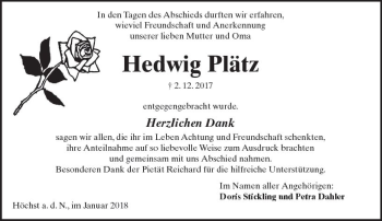 Traueranzeige von Hedwig Plätz von  Kreisanzeiger