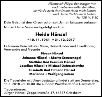 Traueranzeige von Heide Hänsel von Trauerportal Rhein Main Presse