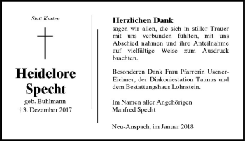 Traueranzeige von Heidelore Specht von  Usinger Anzeiger