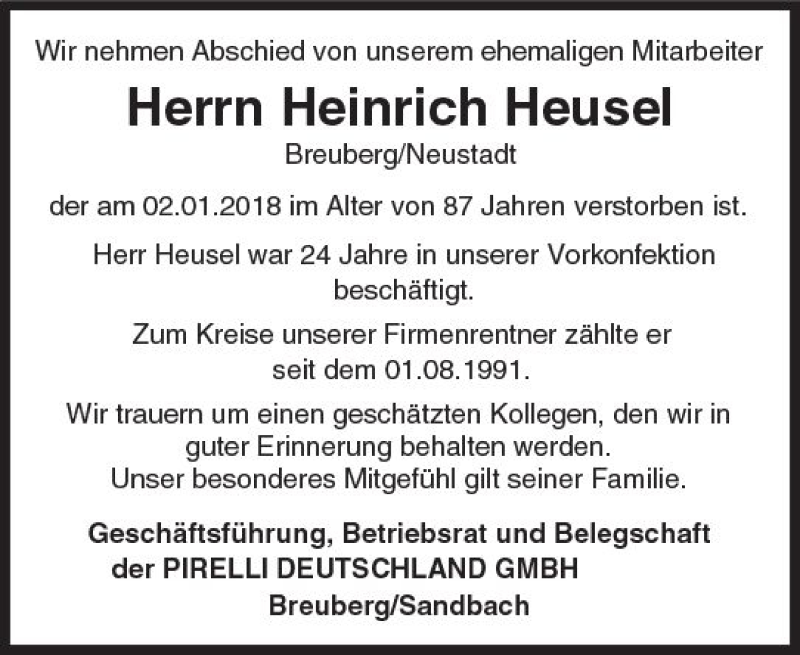  Traueranzeige für Heinrich Heusel vom 19.01.2018 aus Trauerportal Rhein Main Presse