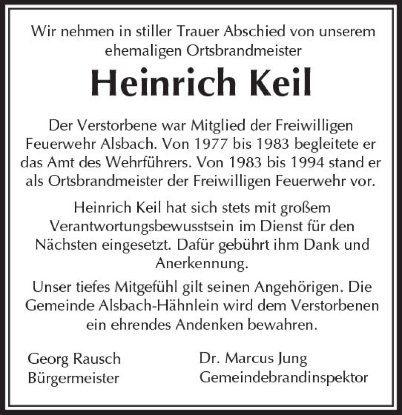  Traueranzeige für Heinrich Keil vom 13.01.2018 aus Trauerportal Rhein Main Presse