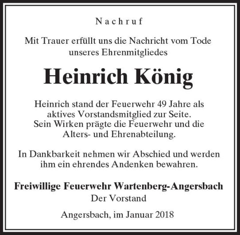  Traueranzeige für Heinrich König vom 03.01.2018 aus VRM Trauer