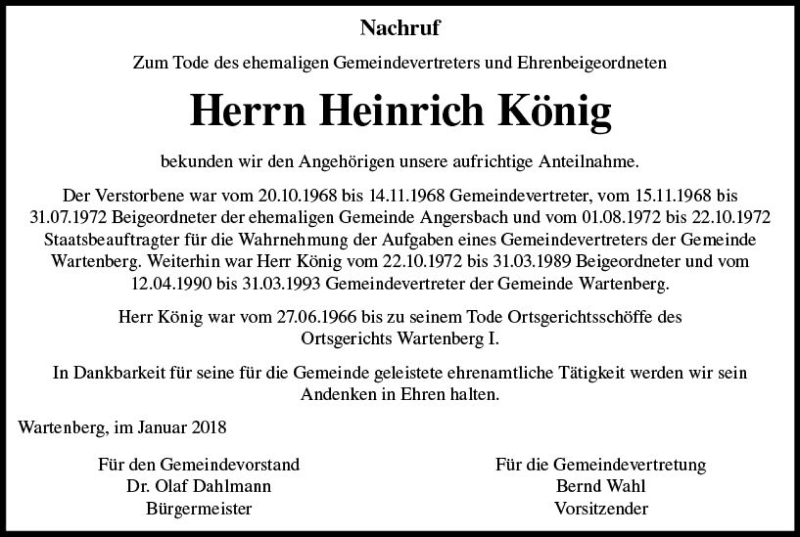  Traueranzeige für Heinrich König vom 03.01.2018 aus VRM Trauer