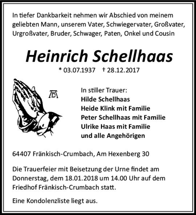  Traueranzeige für Heinrich Schellhaas vom 15.01.2018 aus Trauerportal Rhein Main Presse