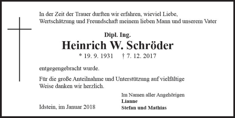  Traueranzeige für Heinrich Schröder vom 27.01.2018 aus Trauerportal Rhein Main Presse