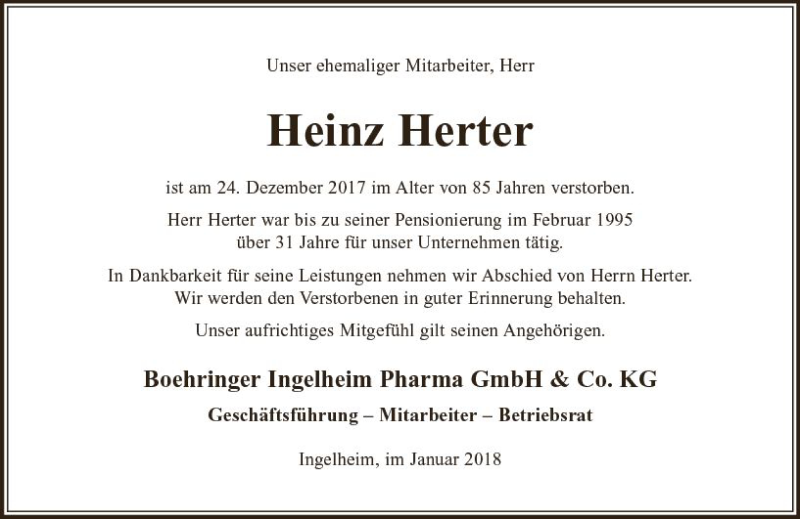  Traueranzeige für Heinz Herter vom 06.01.2018 aus Trauerportal Rhein Main Presse