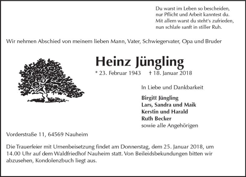  Traueranzeige für Heinz Jüngling vom 20.01.2018 aus Trauerportal Rhein Main Presse