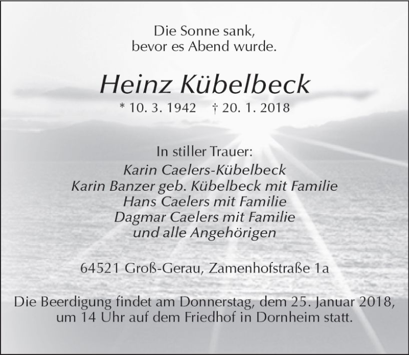  Traueranzeige für Heinz Kübelbeck vom 23.01.2018 aus Trauerportal Rhein Main Presse