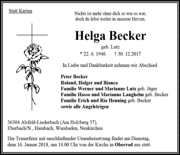 Traueranzeige von Helga Becker von VRM Trauer