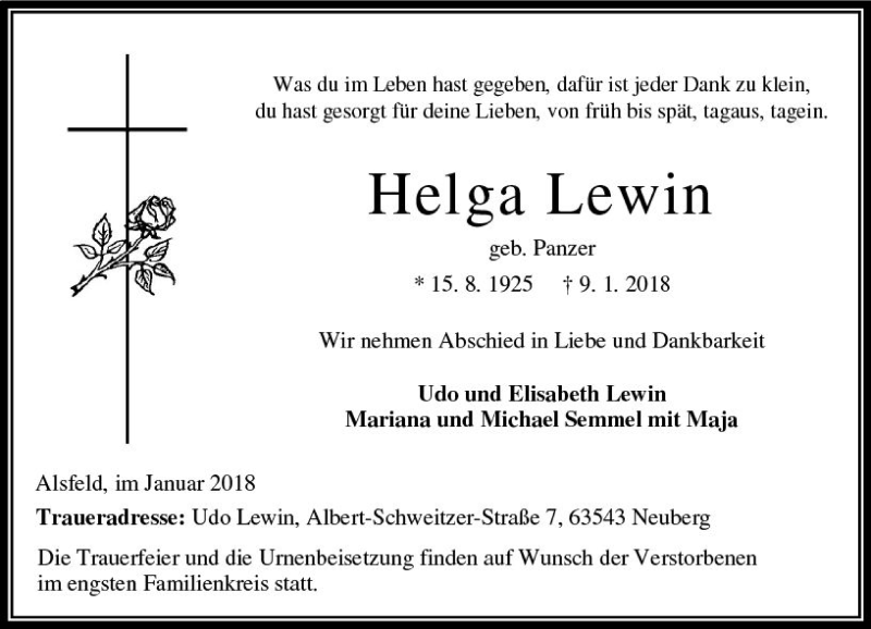  Traueranzeige für Helga Lewin vom 13.01.2018 aus VRM Trauer