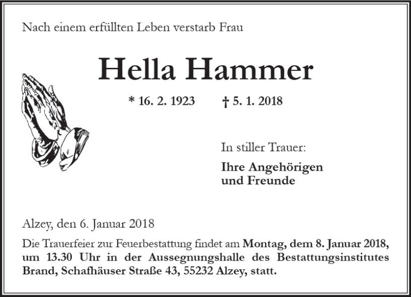  Traueranzeige für Hella Hammer vom 06.01.2018 aus Trauerportal Rhein Main Presse