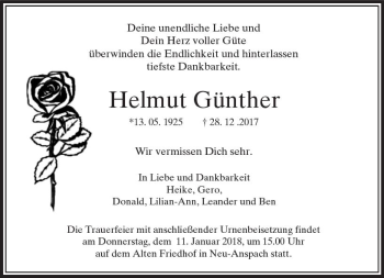 Traueranzeige von Helmut Günther von  Usinger Anzeiger