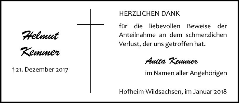  Traueranzeige für Helmut Kemmer vom 19.01.2018 aus Trauerportal Rhein Main Presse