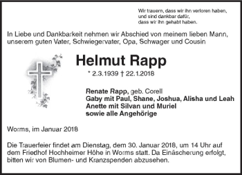Traueranzeige von Helmut Rapp von Trauerportal Rhein Main Presse