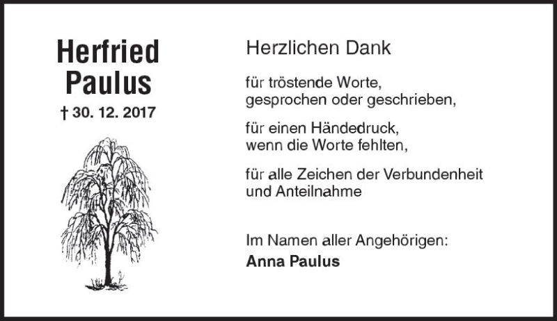  Traueranzeige für Herfried Paulus vom 27.01.2018 aus Trauerportal Rhein Main Presse