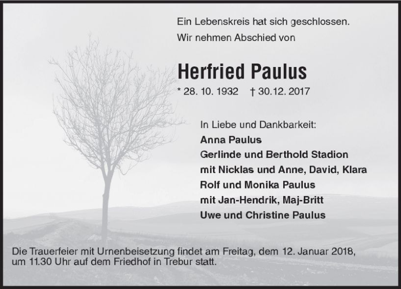  Traueranzeige für Herfried Paulus vom 09.01.2018 aus Trauerportal Rhein Main Presse