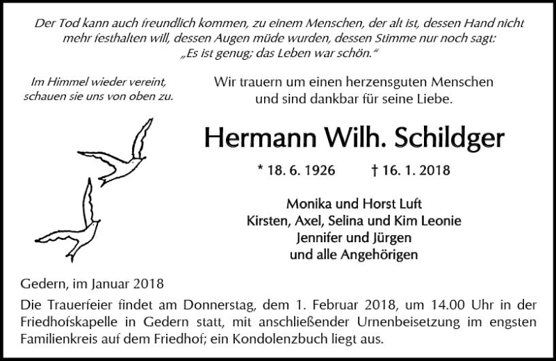  Traueranzeige für Hermann Schildger vom 27.01.2018 aus  Kreisanzeiger