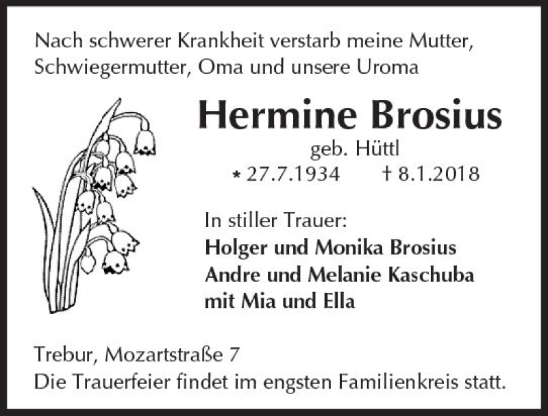  Traueranzeige für Hermine Brosius vom 19.01.2018 aus Trauerportal Rhein Main Presse