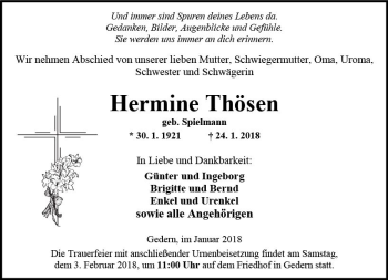Traueranzeige von Hermine Thösen von  Kreisanzeiger