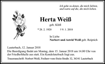 Traueranzeige von Herta Weiß von VRM Trauer