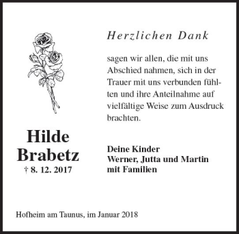 Traueranzeige von Hilde Brabetz von Trauerportal Rhein Main Presse