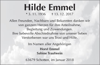 Traueranzeige von Hilde Emmel von  Kreisanzeiger