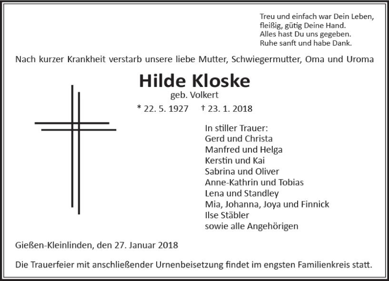  Traueranzeige für Hilde Kloske vom 27.01.2018 aus  Gießener Anzeiger