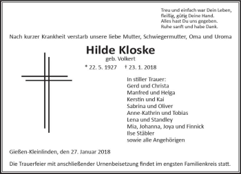 Traueranzeige von Hilde Kloske von  Gießener Anzeiger