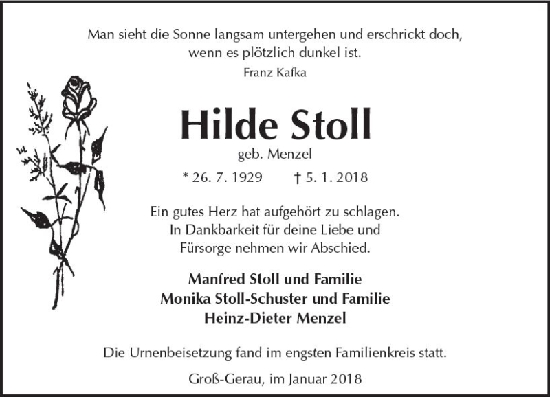  Traueranzeige für Hilde Stoll vom 17.01.2018 aus Trauerportal Rhein Main Presse