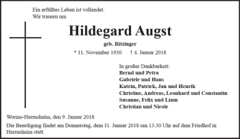 Traueranzeige von Hildegard Augst von Trauerportal Rhein Main Presse