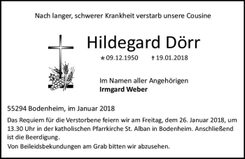 Traueranzeige von Hildegard Dörr von Trauerportal Rhein Main Presse