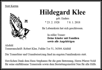 Traueranzeige von Hildegard Klee von VRM Trauer