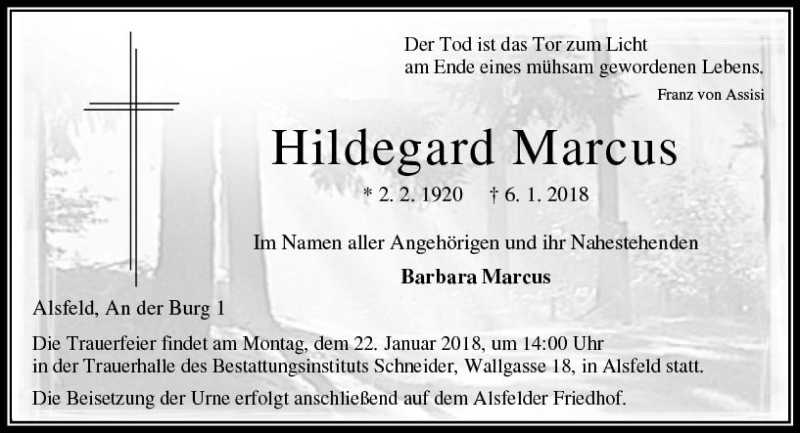  Traueranzeige für Hildegard Marcus vom 17.01.2018 aus VRM Trauer