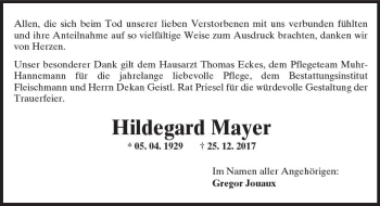 Traueranzeige von Hildegard Mayer von Trauerportal Rhein Main Presse