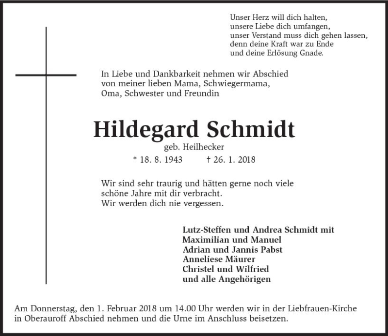  Traueranzeige für Hildegard Schmidt vom 30.01.2018 aus Trauerportal Rhein Main Presse