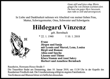 Traueranzeige von Hildegard Vinzenz von Trauerportal Rhein Main Presse