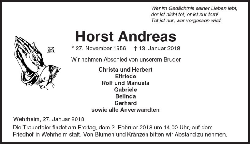  Traueranzeige für Horst Andreas vom 27.01.2018 aus  Usinger Anzeiger