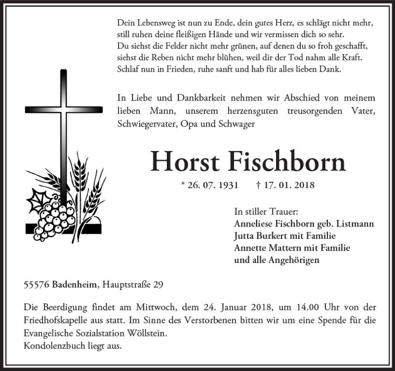  Traueranzeige für Horst Fischborn vom 20.01.2018 aus Trauerportal Rhein Main Presse