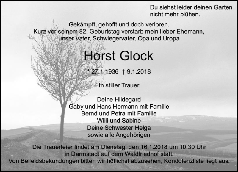  Traueranzeige für Horst Glock vom 13.01.2018 aus Trauerportal Rhein Main Presse