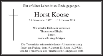 Traueranzeige von Horst Koose von  Usinger Anzeiger